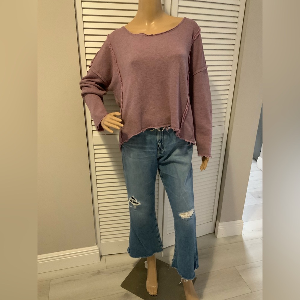 Free People “Victorian Romance” Back Lace Pullover in a soft washed mauve.